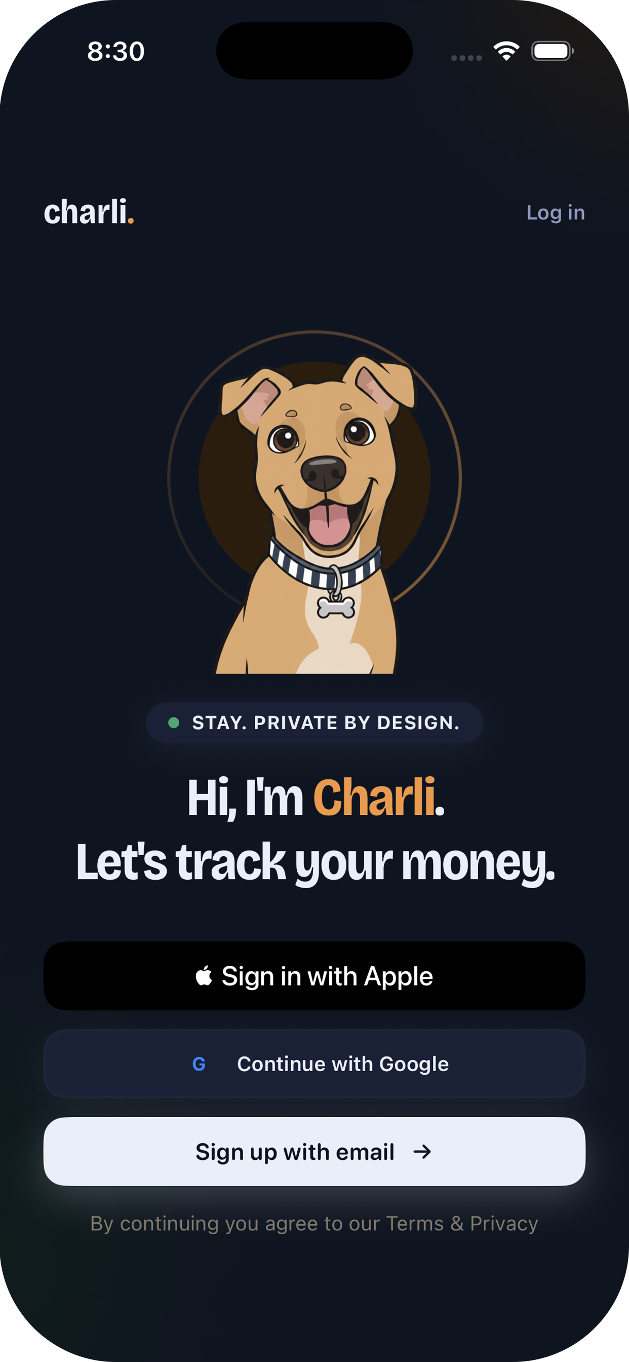 Charli sign-up screen — private by design