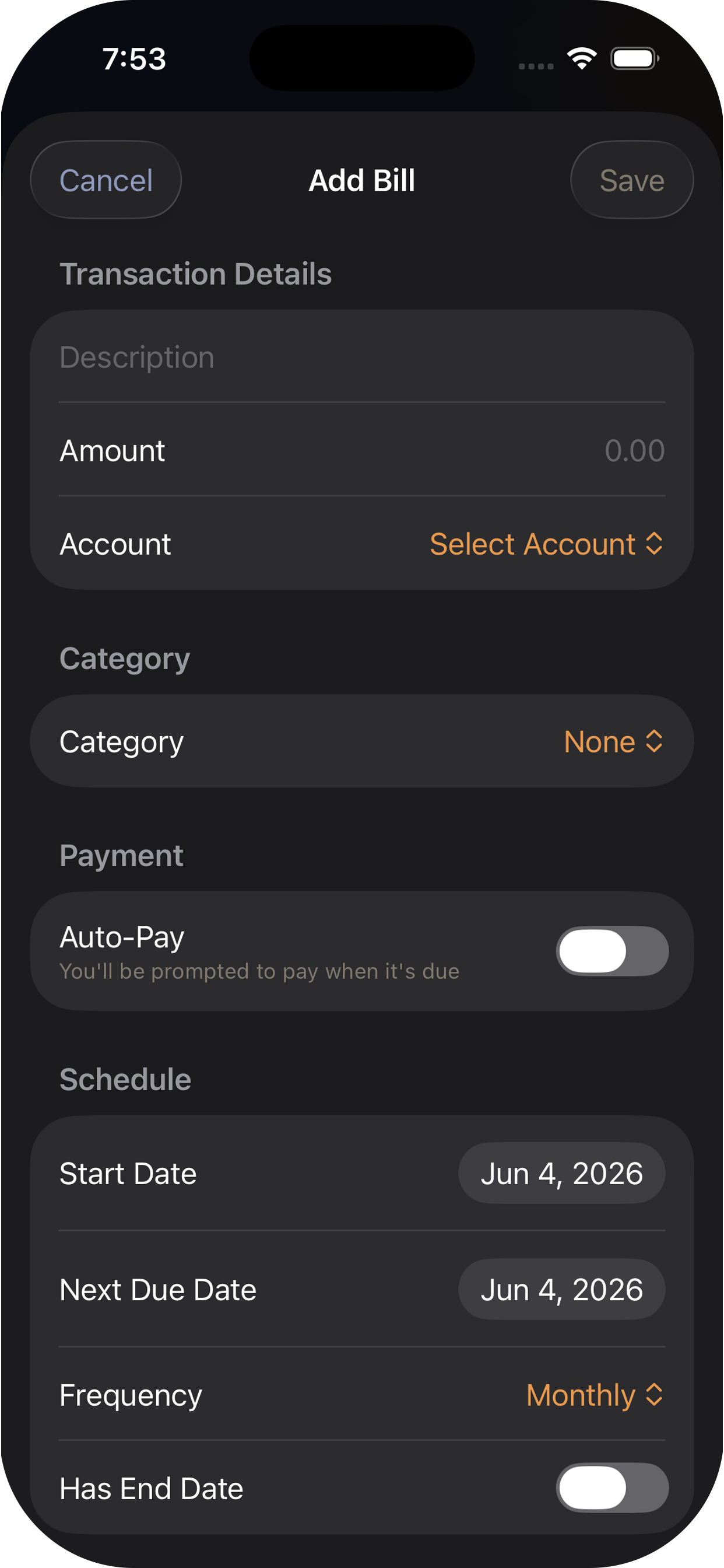 Add Bill screen in Charli